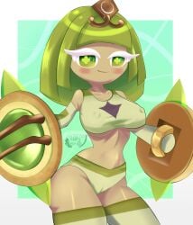 big_breasts bra breasts cookie_run cookie_run_kingdom exposed_breasts female girly green_eyes green_hair green_tea_mousse_cookie huge_breasts humanoid long_hair nipples panties ramenboy17 shield showing_breasts solo_female tea thick_thighs