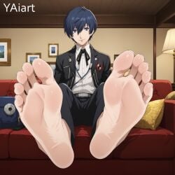 1boy ai_generated blue_eyes blue_hair foot_fetish foot_focus makoto_yuki male male_focus megami_tensei persona persona_3 sitting yaiart
