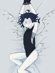 2d artist_name bondage forsaken_(roblox) half_naked hands_above_head hands_tied heterochromia nervous no_pants no_sex no_visible_genitalia nonbinary on_back on_bed roblox roblox_game robloxian rope rope_bondage self_harm_scars sweatdrop tied_up two_time_(forsaken) watermark