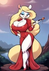 ai_generated animaniacs big_breasts blonde_hair dress full_body furry long_hair minerva_mink standing tagme totallynotafurry789