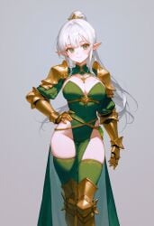 ai_generated armor blunt_bangs chains elf female gloves gold_jewelry greaves green_eyes large_breasts long_hair pauldrons ponytail smile solo stable_diffusion white_hair