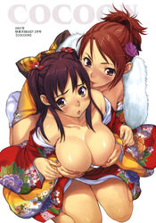 areolae bent_over biting blush bow breast_grab breasts cleavage duplicate ear_biting female flower groping hair_flower hair_ornament hair_up hairbow hairclip highres huge_breasts japanese_clothes jpeg_artifacts kimono lipstick long_hair makeup manga multiple_girls nail_polish off_shoulder open_clothes open_shirt purple_hair red_hair sameda_koban shirt sitting socks tied_hair twintails worried yuri