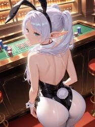 ai_generated bunny_ears bunny_girl bunny_tail bunnysuit casino closed_mouth closed_smile elf elf_ears frieren frieren_beyond_journey's_end from_above high-angle_view legwear looking_at_viewer looking_back rabbit_ears rabbit_girl solo twintails whistlthistl white_hair white_legwear