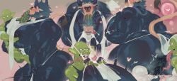 anal andromorph anthro big_pecs big_penis blindfold bovid bovine duo fellatio genitals goblin hi_res huge_cock huge_pecs humanoid intersex intersex/male kd_gai male mammal muscular oral pecs penile penis piercing sex