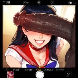 1boy 1girl 2024 ai_generated bishoujo_senshi_sailor_moon black_hair blush close-up dark-skinned_male dark_skin erect_penis erection faceless_male female large_penis light-skinned_female light_skin long_hair looking_at_viewer male male/female penis penis_covering_eyes penis_on_face posing posing_with_penis rei_hino sailor_collar sailor_mars sailor_senshi_uniform sailor_uniform selfie smile social_media straight sweat testicles veiny_penis zawuardo