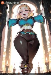 ai_generated asmutcriminal bangs blonde_hair blush boots braid breasts crown_braid elf female fingerless_gloves gloves green_eyes hair_ornament hairclip large_breasts open_mouth pants pointy_ears princess_zelda rock short_hair smile solo stairs tagme thick_eyebrows thick_thighs thighs torch tree_squirrel