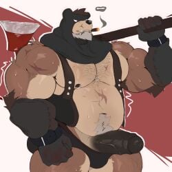2025 anthro axe axe_over_shoulder bear biceps black_clothing black_gloves black_handwear black_penis black_underwear black_wristband blood_on_gloves body_hair brown_bear brown_body brown_fur brown_hair chest_hair cigar cigar_in_mouth cigar_smoke clothed clothing dried_blood execution executioner_hood facial_hair fur genitals gloves grey_facial_hair hair handwear hi_res holding_axe holding_object jallad_(wallstarrr) leather leather_clothing leather_topwear leather_vest male male_only mammal musclegut muscular navel nipple_piercing nipple_ring nipples object_in_mouth partially_clothed pecs penis piercing ring_piercing shoulder_scar smoke smoking smoking_cigar solo teeth topwear underwear underwear_down ursine vein veiny_penis vest wallstarrr