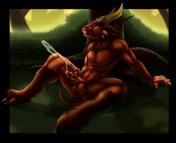 anthro balls bloo_(artist) clenched_teeth closed_eyes cum cumshot demon erection furry horn humanoid_penis male male_only masturbation nude orgasm outdoors penis solo spread_legs spreading toned uncut