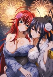 2girls ai_generated akeno_himejima antenna_hair big_breasts black_hair_female blue_green_eyes blush crimson_hair_female crossed_bangs curvy_females females_only fireworks flower_in_hair hair_ribbon high_ponytail high_school_dxd huge_ahoge kimono lesbian_couple lesbians light-skinned_female loose_hair muaver_ai night orange_ribbon outdoors rias_gremory rose_in_hair smile tongue_out very_long_hair_female very_long_ponytail violet_eyes voluptuous_female wide_hipped_female yuri