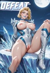ai_generated bare_breasts blonde_eyebrows blonde_female blonde_hair blue_choker blue_lipstick blue_nails bob_cut breasts_exposed breasts_out caucasian caucasian_female choker closed_mouth closed_mouth_smile crotchless defeated defeated_heroine doctor_payne dominant dominant_female emma_frost emma_frost_(marvel_rivals) english english_text hand_on_knee high_heeled_boots large_breasts legs_apart looking_at_viewer looking_down marvel marvel_comics marvel_rivals nipples one_leg_up pussy pussy_exposed sitting smile smiling smiling_at_viewer
