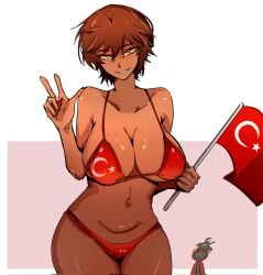 1female 1girls arczaeon big_breasts big_hips breasts brown_hair dante_(limbus_company) dark-skinned_female female highres limbus_company outis_(limbus_company) project_moon red_bikini smile smiling_at_viewer turkey turkish_bikini turkish_flag v_sign white_background yellow_pupils