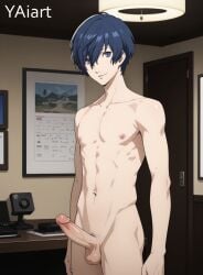 1boy ai_generated blue_eyes blue_hair erection looking_at_viewer makoto_yuki male male_focus megami_tensei nude_male penis persona persona_3 standing yaiart