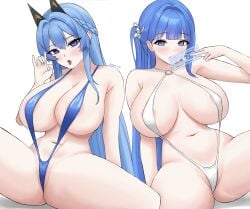 2girls absurdres alternate_costume arcana_(nikke) areola_slip big_ddos blue_eyes blue_slingshot_swimsuit breasts cameltoe fellatio_gesture goddess_of_victory:_nikke hair_ornament helm_(nikke) highres huge_breasts long_hair looking_at_viewer multiple_girls navel open_mouth simple_background slingshot_swimsuit stomach swimsuit thighs very_long_hair white_background white_slingshot_swimsuit