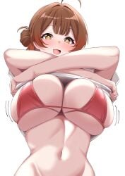 1girls :d ahoge bikini breasts brown_hair clothes_lift commentary female gakuen_idolmaster groin hair_bun hanami_ume highres idolmaster large_breasts looking_at_viewer nanao_(naoekaki25) navel open_mouth out-of-frame_censoring red_bikini shirt shirt_lift simple_background single_hair_bun smile solo swimsuit undressing upper_body white_background white_shirt yellow_eyes