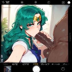 1boy 1girl 2024 ai_generated bishoujo_senshi_sailor_moon blowjob blush close-up dark-skinned_male dark_skin erect_penis erection faceless_male fellatio female green_eyes holding_penis large_penis light-skinned_female light_skin long_hair looking_at_viewer male male/female michiru_kaiou oral oral_sex penis posing posing_with_penis sailor_collar sailor_neptune sailor_senshi_uniform sailor_uniform selfie social_media straight sucking_penis sweat testicles tiara veiny_penis wavy_hair zawuardo