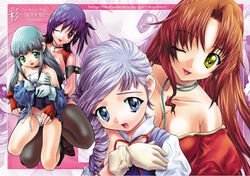 alternate_costume armband blue_eyes breasts brown_hair choker cleavage cover doujinshi drill_hair dual_persona eclair_(kiddy_grade) female fingerless_gloves gloves green_eyes green_panties irodori kiddy_grade kneeling lavender_hair long_hair lumiere_(kiddy_grade) multiple_girls off_shoulder panties purple_hair red_eyes red_hair short_hair soyosoyo thighhighs underwear undressing white_panties wink yellow_eyes yuri zoom_layer