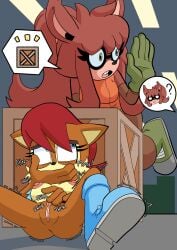 almost_caught anonymous_artist anthro background_character breasts chipmunk covering covering_mouth duo female genitals ground_squirrel hi_res mammal nipples pussy rodent sally_acorn sciurid sega sonic_(series) sonic_the_hedgehog_(series) vulva