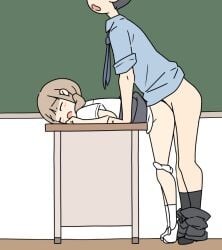 1boy 1boy1girl 1girls annonanam_(artist) black_hair_male blackboard blonde_female blue_shirt blush_lines classroom closed_eyes desk desk_sex heels open_mouth panties_down pants_down school_desk school_uniform schoolgirl sex sex_on_classroom skirt skirt_lift stockings straight_sex students tagme teenager