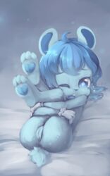 anthro ass bear blue_eyes blue_fur blue_hair cub extremely_young female furry gloves hair hi_res high_resolution loliswitch nude open_mouth presenting pussy solo young