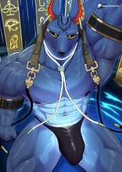 abs anthro anubian_jackal anubis ass barazoku biceps bulge canid canine canis clothing deity dislyte drew_(dislyte) egyptian egyptian_clothing egyptian_mythology gold_(metal) hi_res hieroglyphics jackal jewelry lilith_games looking_at_viewer male mammal manly middle_eastern_mythology mostly_nude muscular muscular_anthro muscular_arms muscular_male muscular_thighs mythology nipples panties pecs sitting solo underwear wolfblack43 yellow_eyes