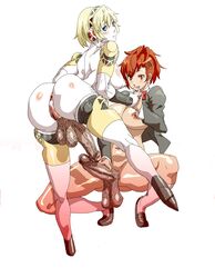 aegis_(persona) aigis_(persona) android anus ass bimbo blonde_hair blue_eyes blush breasts dickgirl erection female_protagonist_(persona_3) full-package_futanari futa_on_futa futanari gynoid hairclip headgear holding_hands intersex kotone_shiomi navel nipples open_clothes open_shirt penis penises_touching persona persona_3 pussy red_hair ribbon semi-erect shirt shoes short_hair socks squatting testicles uncensored veiny_penis