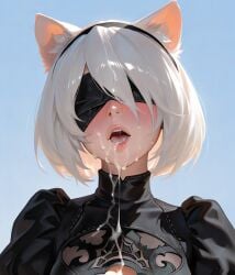 ai_generated blindfold blush cat_ears clothed cum cum_in_mouth cum_on_body cum_on_face facial female glossy_lips hairband nier:_automata nier_(series) open_mouth parted_lips plopendil short_hair white_hair yorha_2b