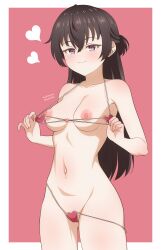 1girls absurd_res audirenze bikini bikini_pull black_hair border braid breasts closed_mouth clothes_pull female hair_between_eyes half_up_half_down_braid heart hi_res highleg long_hair looking_at_viewer medium_breasts navel nipples pink_background pulling_own_clothes purple_eyes smile smug solo string_bikini suou_yuki swimsuit tagme tokidoki_bosotto_russian_de_dereru_tonari_no_alya-san twitter_username white_border