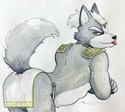 anthro ass balls barely_visible_balls barely_visible_genitalia bent_over blep bottomwear canid canine canis clothed clothing fur genitals grey_body grey_fur hi_res loincloth male mammal nintendo skimpy smile solo star_fox tongue tongue_out ulala_ko wolf wolf_o'donnell
