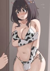 1girls 2025 animal_ears bikini bikini_pull blush breasts brown_eyes brown_hair cleavage college_student cow_ears cow_print cow_print_bikini female gloves hibi_wa_sugiredo_meshi_umashi kawai_mako large_breasts navel poa_mellhen print_bikini side-tie_bikini standing tagme