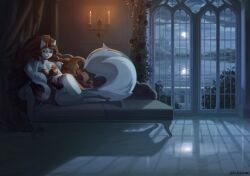 alternate_version_at_source anthro balls bat_wings beatrix_(crimsir) black_rose brooch brown_hair candle chaise_lounge clothing clothing_aside curly_hair curtains demon domestic_cat dress felid feline felis flower front_view fur furniture futanari genitals gynomorph hair hi_res horn intersex kitik1 knot knotted_penis light long_hair lying lying_on_sofa mammal membrane_(anatomy) membranous_wings moon moonlight on_side on_sofa penile_spines penis pillar plant red_eyes rose_(flower) sconce sofa solo succubus white_body white_fur window wings