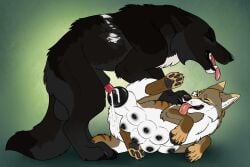 animal_genitalia animal_penis animal_pussy black_body black_fur black_pawpads bodily_fluids breasts brown_body brown_fur canid canine canine_genitalia canine_penis canine_pussy closed_eyes cum cum_inside duo female female_penetrated feral feral_on_feral feral_penetrated feral_penetrating feral_penetrating_feral front_view fur genital_fluids genitals grey_body grey_fur grey_pawpads hi_res inflation inflation killthe_demon knotting lying male male/female male_penetrating male_penetrating_female mammal multi_breast on_side open_mouth pawpads penetration penile penile_penetration penis penis_in_pussy pussy red_tongue sex side_view simple_background tongue tongue_out vaginal_penetration vaginal_penetration white_body white_fur