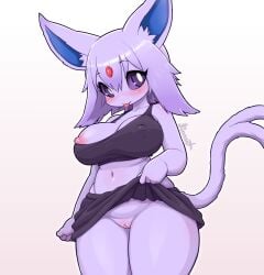 2025 anthro biped blush bottomwear breasts clothing digital_media_(artwork) eeveelution espeon eyebrows female fingers forked_tail generation_2_pokemon genitals hair hi_res kionant looking_at_viewer navel nintendo nipples pokemon pokemon_(species) pussy simple_background skirt solo tail unusual_anatomy unusual_tail