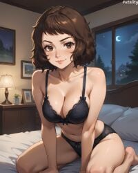 1female ai_generated at_night bed bedroom black_bra black_lingerie black_panties brown_eyes brown_hair cleavage covered_breasts covered_pussy female female futality girl indoors large_breasts lingerie lingerie_panties lips looking_at_viewer mature mature_female navel night on_bed on_knees persona_5 sadayo_kawakami seductive seductive_look sitting smirk solo teacher thighs