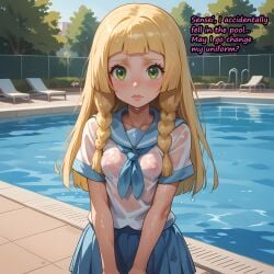 1female ai_generated blonde_hair blue_skirt blush braid braids caption embarrassed female female girl green_eyes highschool lillie_(pokemon) lips long_hair looking_at_viewer outdoors pokemon pokemon_sm pool public_pool sailor_uniform school_uniform shy skirt small_breasts talking_to_viewer text uniform visible_nipples wet wet_body wet_clothes wet_hair wet_skin white_shirt young
