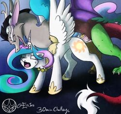 2013 alicorn antler cum cum_inside cutie_mark discord_(mlp) draconequus english_text equine female feral friendship_is_magic hair horn horse male multicolored_hair my_little_pony penetration pony princess_celestia_(mlp) signature straight text unknown_artist white_fur wings