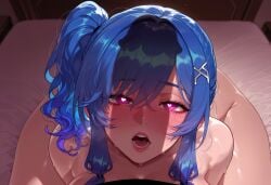 1boy 1girls ai_generated ass azur_lane balecxi bangs bare_shoulders bed bed_sheet blue_hair blush breasts cleavage completely_nude curvaceous curvaceous_female curvaceous_figure curvy curvy_figure earrings female female female_focus full-face_blush hair_between_eyes hair_ornament hairclip heart heart-shaped_pupils heavy_breathing imminent_fellatio indoors jewelry large_breasts long_hair looking_at_viewer lying male nipples nude on_bed open_mouth penis_shadow pillow ponytail purple_eyes sex side_ponytail sidelocks solo solo_focus st._louis_(azur_lane) st._louis_(luxurious_wheels)_(azur_lane) straight sweat symbol-shaped_pupils thighs voluptuous voluptuous_female