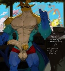 2025 2_penises 4_fingers abs absurd_res ambiguous_gender anthro areola balls beach beach_hut biceps big_muscles black_eyebrows black_eyewear black_sunglasses blind blonde_hair blue_body blue_sky blue_tail bottomwear bottomwear_down bowl claws clothed clothing cocktail_garnish cocktail_umbrella container day deltoids dialogue diphallism disability english_text erection explosion eyebrows eyewear female fin finger_claws fingers fish foreskin genitals gesture gill_piercing gill_ring gills glans group hair hand_gesture hi_res horizontal_diphallism humanoid_genitalia humanoid_penis inside kogito light lighting male male_anthro male_focus marine monster_energy multi_genitalia multi_penis multicolored_body multicolored_penis multicolored_tail muscular muscular_anthro muscular_male nipple_piercing nipple_ring nipples non-mammal_nipples one_nipple_pierced open_mouth partial_speech_bubble partially_clothed partially_clothed_anthro partially_clothed_male partially_retracted_foreskin pecs penis pesc piercing pointing quads red_bottomwear red_clothing red_shorts ring_piercing shark sharp_teeth short_hair shorts shorts_down sky snout solo_focus sunglasses tail tail_fin talking_to_another tan_balls tan_body tan_penis tan_tongue teal_body teal_tail teeth tentacle text tongue two_tone_penis urethra vein veiny_penis white_body white_tail white_text yellow_areola yellow_body yellow_glans yellow_nipples yellow_penis