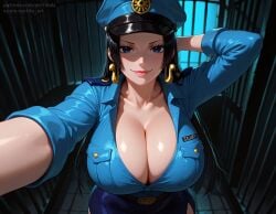 1girls ai_generated arm_behind_head boa_hancock cleavage collared_shirt huge_breasts lips one_piece prison prison_guard security_guard security_hat selfie smile taking_picture vertiloart