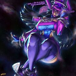 big_ass big_breasts black_hair breasts female floating galacta galacta_(marvel_rivals) galaxy giantess lapotato8 long_hair macro marvel marvel_rivals text thick_thighs
