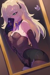 1girls anonds31 blonde_female blonde_hair blush blushing female female_only fischl_(genshin_impact) fishnet fishnets genshin_impact green_eyes hoyoverse light-skinned_female light_skin mihoyo mirror mirror_selfie phone small_breasts