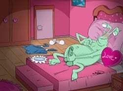 absurd_res aroused balls bed bed_covers bedding bite biting_lip blanket blush blush_lines body_hair box_of_chocolates candy chest_hair chocolate clenched_teeth clothes_on_floor clothing dessert detailed_background dhx_media door dresser english_text erection eyestalks feet fingers_on_nipples flip_flops food foot_grab footrest footwear furniture genitals green_body green_skin hand_on_penis handle headboard heart_symbol hi_res hotel_room humanoid humanoid_genitalia humanoid_penis keycard king_(2003) lying lying_on_bed male masturbation navel nipple_fetish nipple_pinch nipple_play nipples nude on_back on_bed ottoman overweight overweight_male penis photo pillow pinch pink_room rug sandals sandals_removed shelf shoes signature slightly_chubby slightly_chubby_male smile solo spread_legs spreading teeth teeth_showing text underite vein veiny_penis wiggly_pie_vendor wildbrain wolxxitswolxx