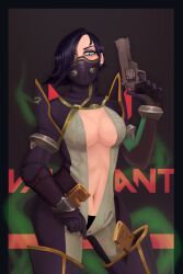 black_hair blue_eyes dressed gummyfishowo gun mask short_hair undressing valorant viper_(valorant)