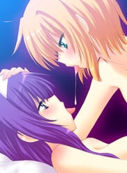 arisa_bannings blonde_hair blush female long_hair lyrical_nanoha mahou_shoujo_lyrical_nanoha multiple_girls purple_hair saki_chisuzu sakichi_suzu saliva saliva_trail short_hair tongue tsukimura_suzuka yuri