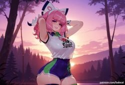 ai_generated armpits balecxi drill_hair female flipped_hair klara_(pokemon) large_breasts looking_at_viewer makeup mole mole_under_mouth outdoors patreon_username pink_eyeshadow pink_hair pink_lips pokemon pokemon_ss print_shirt print_shorts side_slit_shorts smile solo sunset thighhighs tree twin_drills