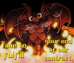 absurd_res animal_genitalia animal_penis anthro armpit_fetish armpit_hair bodily_fluids body_hair demon equine_genitalia equine_penis female genitals gynomorph hi_res intersex nyxiemeow old_school_runescape overweight penis runescape solo sweat yama