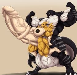 anthro belly_riding digimon gigantic_penis hazel_iic muscular_male renamon size_difference
