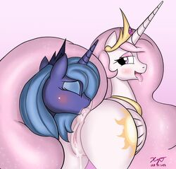 2013 alicorn anal anus ass blue_fur blue_hair blush closed_eyes crown cutie_mark duo equine female feral friendship_is_magic hair half-closed_eyes horn horse my_little_pony open_mouth oral oral_sex pink_eyes pink_hair plain_background princess_celestia_(mlp) princess_luna_(mlp) pussy pussy_juice rimming saliva sex tongue white_background white_fur wings xyi