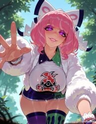 ai_generated asymmetrical_legwear balecxi drill_hair female flipped_hair hairbow klara_(pokemon) large_breasts looking_at_viewer makeup mole mole_under_mouth outdoors patreon_username pink_eyeshadow pink_hair pink_lips pokemon pokemon_ss print_shirt print_shorts print_thighhighs purple_eyes shaded_face short_hair smile solo thigh_gap twin_drills web_address white_jacket