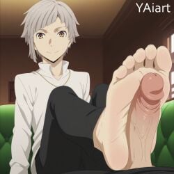 ai_generated atsushi_nakajima bungo_stray_dogs erection foot_fetish footjob gay looking_at_viewer penis sitting skinny_male white_hair yaiart