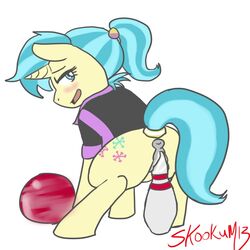 allie_way animal anus ass blue_eyes blue_hair blush bottomless bowling_ball bowling_pin clothing cutie_mark equine female friendship_is_magic hair horn horse insertion looking_back masturbation my_little_pony penetration pony pussy shirt skookum solo unicorn